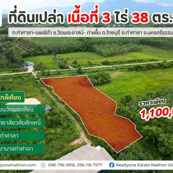 ที่ดินเปล่า 3 ไร่ 38 ตารางวา  อ.ท่าศาลา ราคาเพียง 1,100,000 บาท