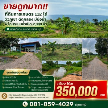 ขายถูกมาก!! ที่ดินการเกษตร 112 ไร่ วิวภูเขา ติดคลอง มีบ่อน้ำ พร้อมระบบน้ำเปิด 2,000 หัว ทำเลดีมาก อ.